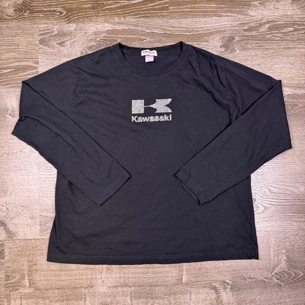 VTG Kawasaki Long Sleeve Shirt Mens 2XL Black Rhinestone Bedazzled Logo Read!